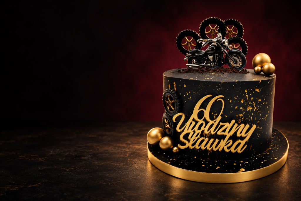 Czarny tort motocyklowy na 60. urodziny